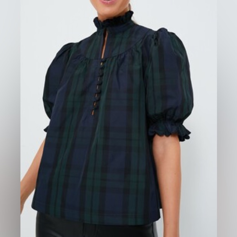 Tuckernuck Navy and Forest Green Plaid Puff Sleeve Blouse